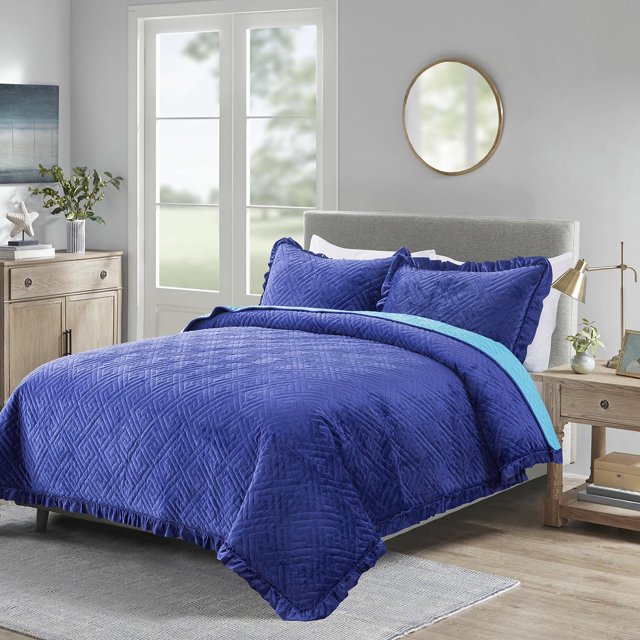 JML Velvet Quilt Set Twin Size 2 Pieces, Soft Velvet Diamond Pattern Bedspread Coverlet Quilted Bedding Set, with 1 Pillow Sham,Navy