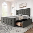 thumbnail image 1 of Full Size Bed Frame with 4 Storage Drawers and Headboard, Linen Upholstered Platform Bed Frame with Wooden Slats Support, Button Tufted Design, No Box Spring Needed, Light Grey, 1 of 9