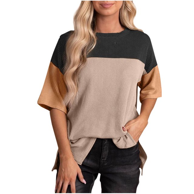 Besolor Chemises d'Été à Manches Courtes pour Femmes Col Rond Fendu sur le Côté Blouse Décontractée Ample pour Sortir