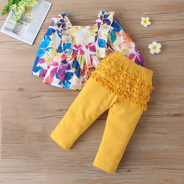 EGNMCR Round-Neck Tank Top Sets Toddler Kids Girls Maple Leaf Print Ruffle Costume Princess Tops+Pants Outfits Girl Set