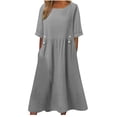 thumbnail image 1 of XZNGL Robe d'Été pour Femmes Aguichant Robe de Printemps et d'Été pour Femmes Col Rond Uni Coton et Lin Décontractée avec Poches Robe à Manches Courtes Robe d'Été pour Femmes avec Manches, 1 of 6