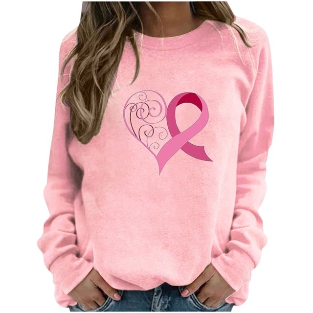 Jsaierl Sweat-Shirt de Sensibilisation au Cancer du Sein pour Femmes Ruban Rose Cœur Graphique Manches Longues Col Rond Pull Inspirant