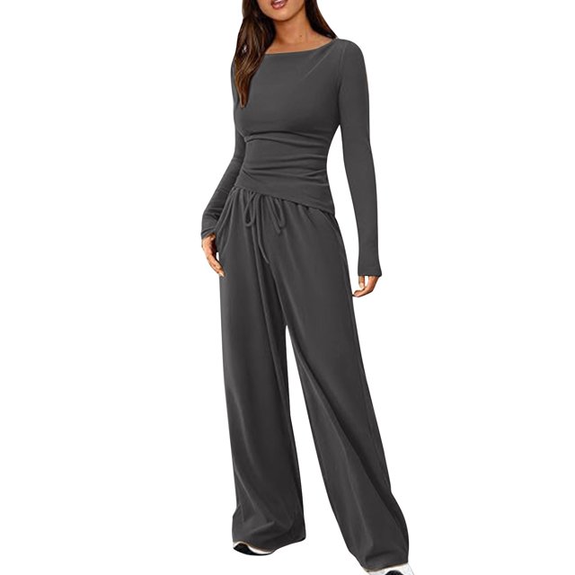 Timegard Womens Going out Sets 2 Piece Fall Casual Slim Long Sleeve Tops Wide Leg Pants Solid Color Sets