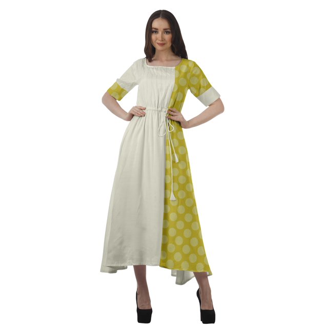 Moomaya Robe Midi en Viscose à Manches Courtes Imprimée Style Santoon à Taille à Cordon pour Femmes