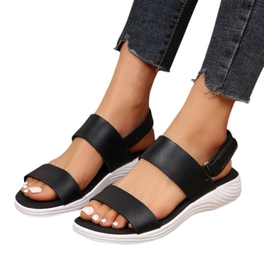 Mefallenssiah Women'S Double Delt Sports Sandals Sports Summer Glamour Black Leather Leisure Adhesive Band Sandals