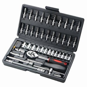 46Pcs Kit d'outils combinés 1/4 Vérins de clé à cliquet avec boîte à outils en plastique Ensemble d'outil de réparation de voiture de ménage pour spanner