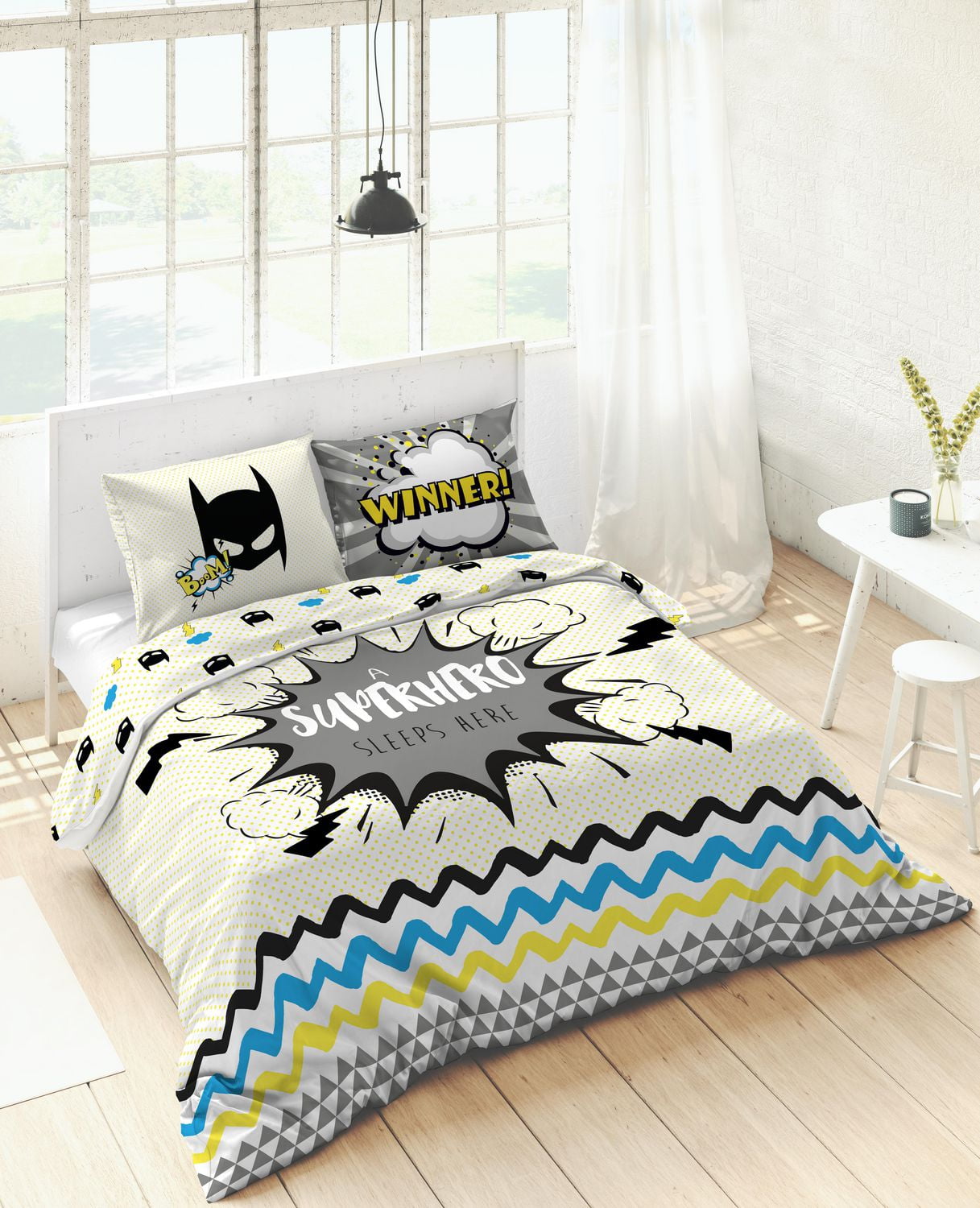 Ensemble de housse de couette Superhero de Gouchee Home – Literie pour enfants 3 pièces certifiée OEKO-TEX avec motif réversible inspiré des bandes dessinées