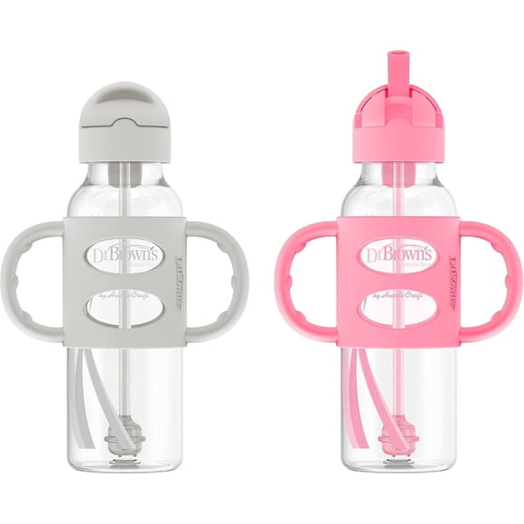 Dr. Brown's Milestones Narrow Sippy Straw Bottle, Spill-Proof with 100% Silicone Handles, Gray/Pink, 6m+, 2x8oz Bottles