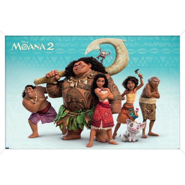 Disney Moana 2 - Affiche Murale de Groupe, 14,725 Pouces x 22,375 Pouces Encadrée Présentant des Personnages Principaux de Moana 2 Incluant un Grand Homme Tatoué Tenant un Crochet Sculpté, une Fille en Robe Polynésienne Rouge avec les Bras Croisés, une Jeune Fille en Jupe orange avec un Coq sur un Cochon, un Homme Musclé en shorts Violets, et un Homme Âgé en Habit Traditionnel, sur un Fond à Motif Bleu, Idéal pour la Décoration de Chambre Ou de Chambre d'Enfant
