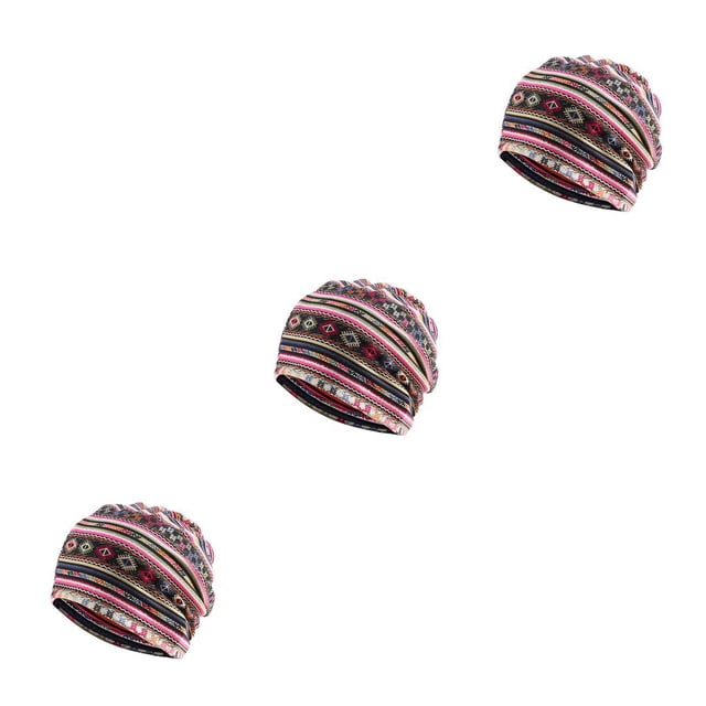 Transemion Bonnet Décontracté Musulman Hijab Imprimé Floral Turban Coloré Protection des Oreilles Ajustable Bonnet de Nuit Femme Rayure Rose Rouge 3Set