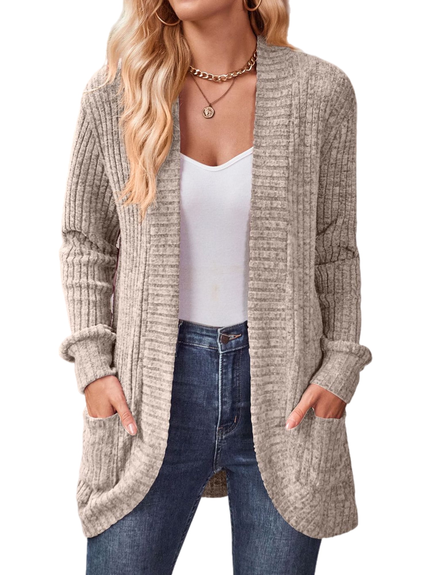 Innerwin Knitted Sweaters Open Front Ladies Cardigans Holiday Long Sleeve Knitwear Cardigan Sweater Khaki 2XL