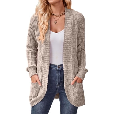 Bellella Ladies Cardigans Long Sleeve Knitted Sweaters Solid Color Cardigan Sweater Loose Open Front Women Khaki M