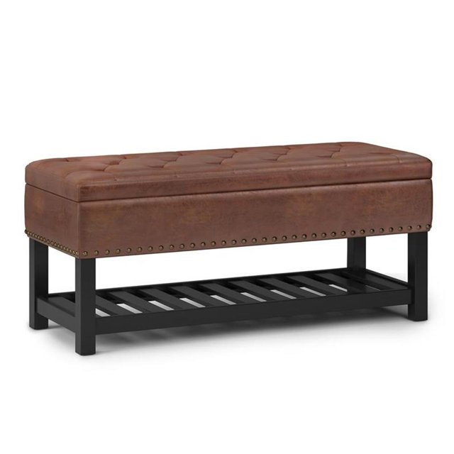 Lomond 43" W Storage Ottoman Bench in Distressed Saddle Brown Faux Leather