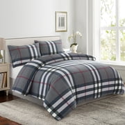 Marina Decoration Soft Silky Rich Printed Rayon from Bamboo All Season Duvet Cover Fitted Sheet Ensemble Bedding Set with Zipper and Corner Tie, Modern Grey Tartan Pattern