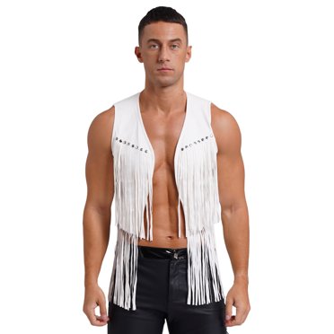 Raenseen Men Fringe Vest Studded Detail Open Front 70s Hippie Suede Jacket Cowboy Western Tassel White XXL