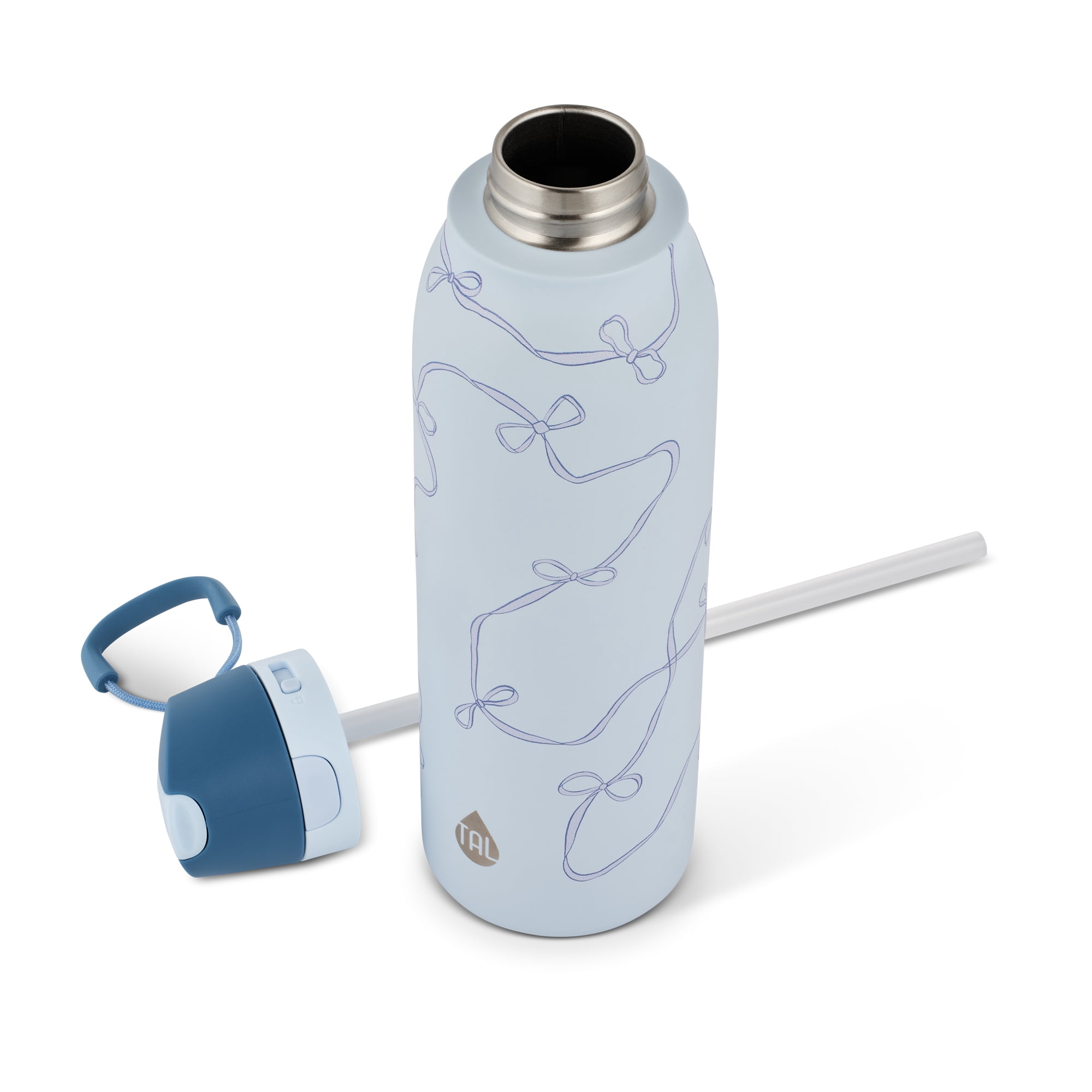 Bouteille d'eau TAL 2-en-1 en acier inoxydable de 710 ml (24 oz) avec paille et bouchon à pression, nœuds bleus