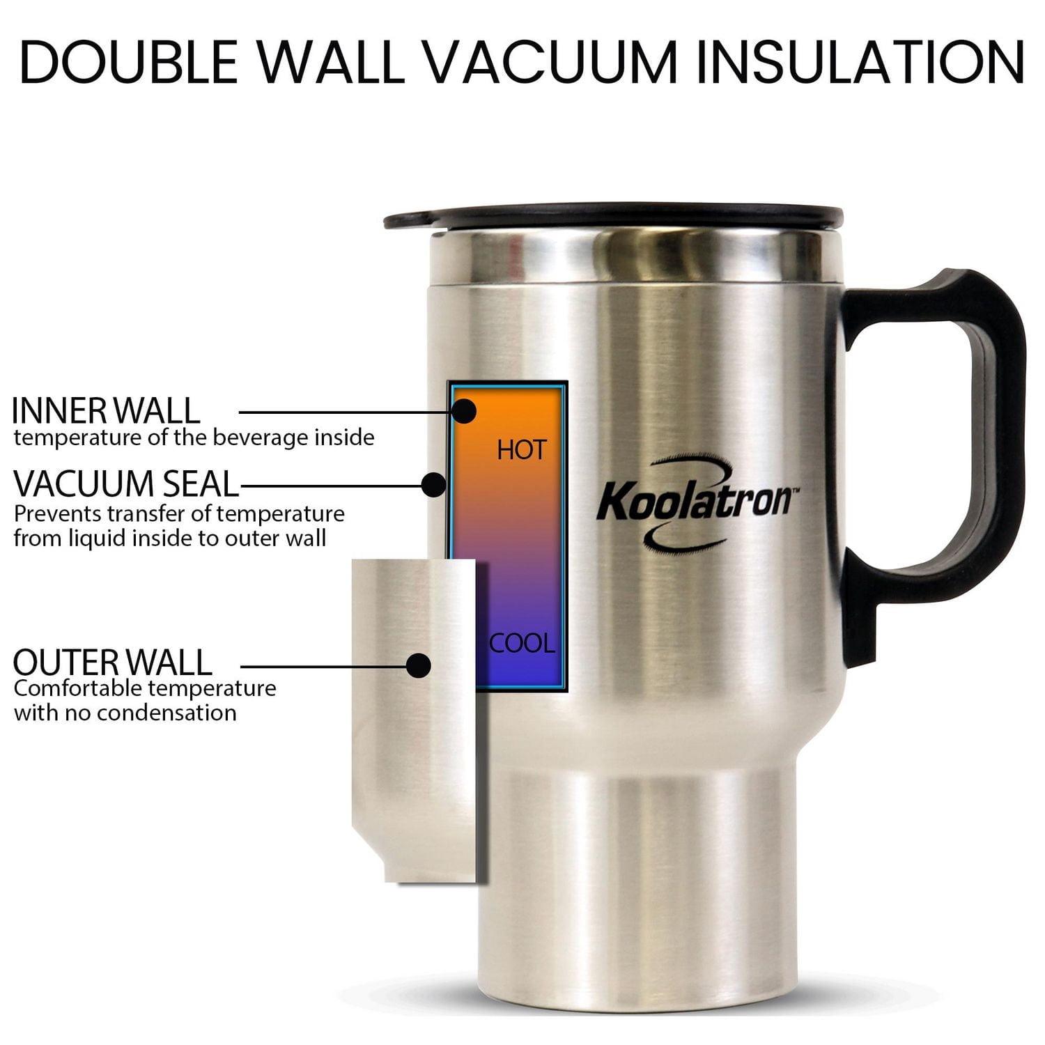Koolatron Tasse chauffante électrique 12V/USB (argentée), mug chauffant portable pour voiture, camion et en déplacement