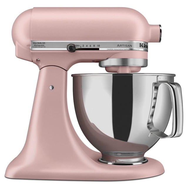 KitchenAid® Artisan® Series 5-Quart Tilt-Head Stand Mixer in pink with durable metal construction, stainless steel 5-quart bowl with handle, tilt-head design for easy ingredient access, and 10-speed control knob for versatile mixing tasks, suitable for dough, whipping, and optional attachments.