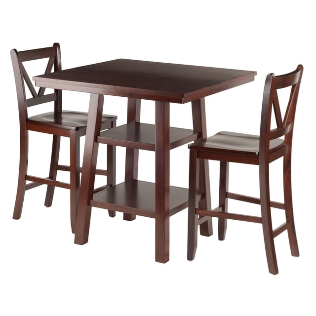 Winsome Orlando 3-Piece High Set Table with two counter-height chairs in warm walnut finish, featuring a 33.8-inch square tabletop, two open shelves for storage, and solid composite wood construction, suitable for compact dining or as a workspace.