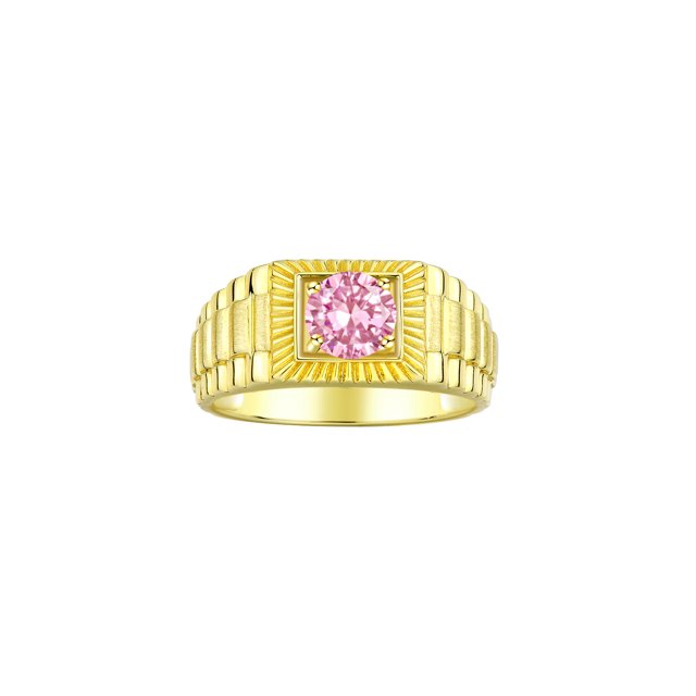 RYLOS Men's Ring Yellow Gold Plated Silver Ring, 7MM Round Shape Gemstone Designer Style Rings Pink Ice October Birthstone Rings Silver Size 9