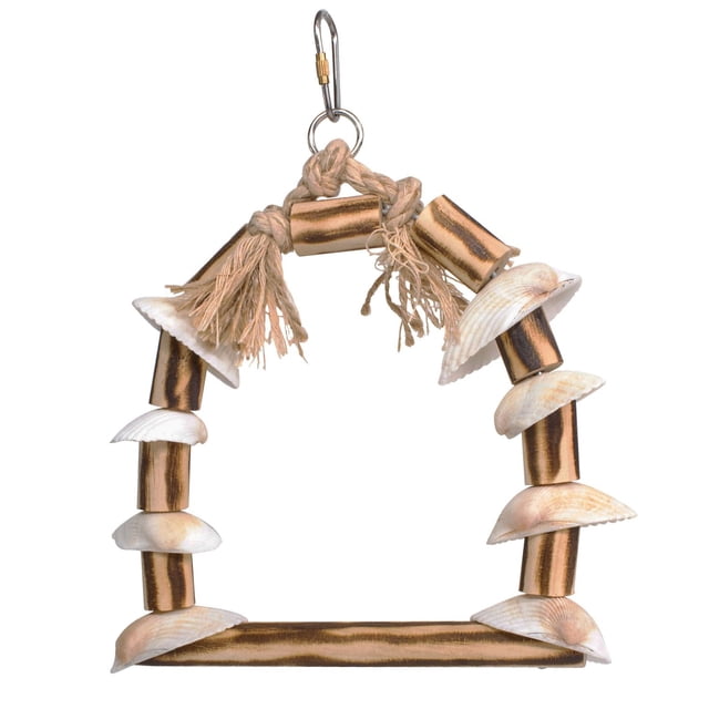 Penn-Plax, Wood & Shell swing featuring a triangular frame of natural wood rods decorated with real seashells, hanging from a metal quick-link clip with a twist-lock clasp and knotted rope, designed for small indoor birds like parakeets, budgies, and finches.