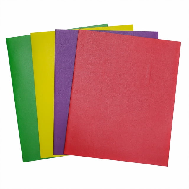 PEN+GEAR 4 PACK TWIN POCKET PORTFOLIO with four textured plastic folders in red, purple, yellow, and green, each with twin pockets and three punched holes for binder compatibility, arranged fanned on a white background, ideal for organizing art supplies or craft materials.
