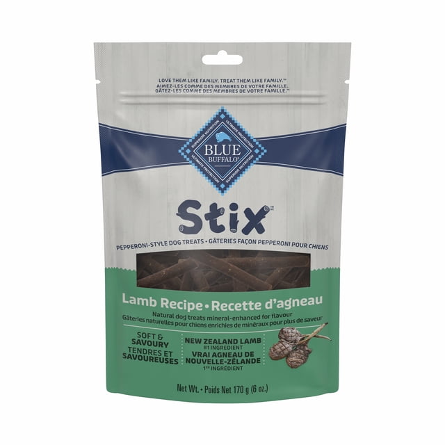 Blue Buffalo Stix Natural Soft-Moist Dog Treats Lamb Recipe 6-oz bag with resealable blue and green packaging, showing pepperoni-style soft and savory dog treats made with New Zealand lamb as the first ingredient, visible through a clear window, suitable for rewarding dogs during training.