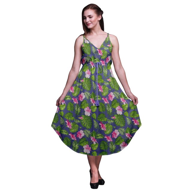Bimba Robe de Plage Bohème Midi Sans Manches Imprimée Florale pour Femmes - Très Grande Taille