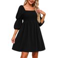 thumbnail image 1 of RKSTN Robes pour Femmes Décontractées Col Carré Manches Bouffantes 3/4 Poitrine Froncée Épaules Dénudées Robe Babydoll Mini, 1 of 9
