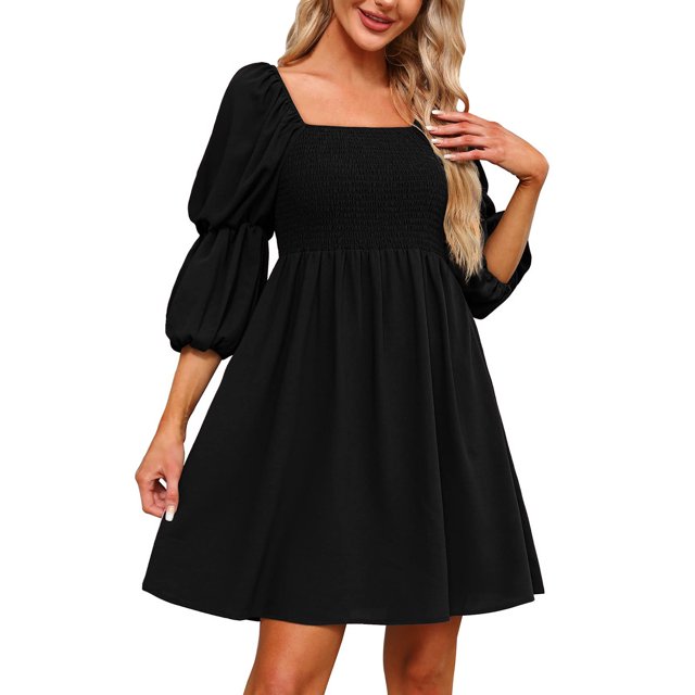 RKSTN Robes pour Femmes Décontractées Col Carré Manches Bouffantes 3/4 Poitrine Froncée Épaules Dénudées Robe Babydoll Mini