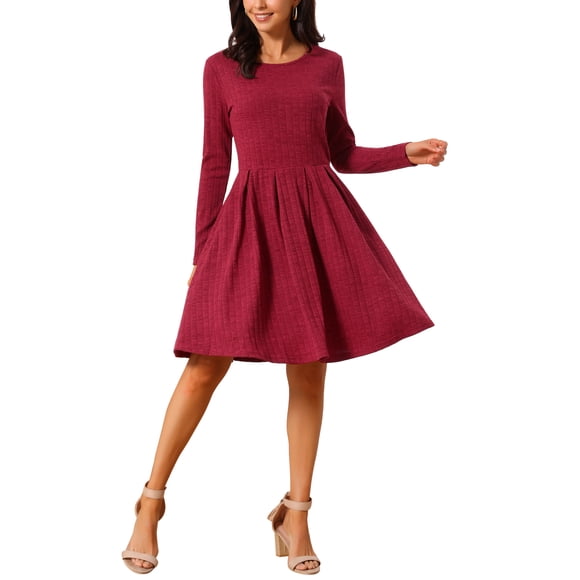 INSPIRE CHIC Women's Long Sleeve Dresses Round Neck Loose A- Line Swing Knee Length Dress with Pockets L Wine Red