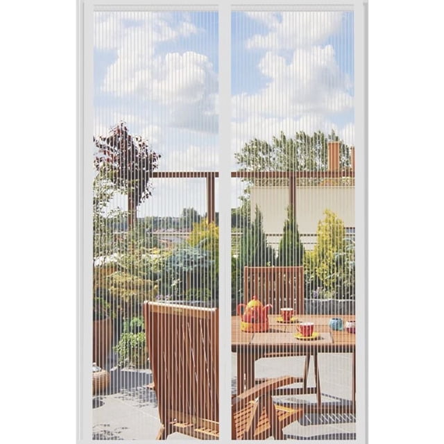 Magnetic Mosquito Net for Doors, 100 x 210cm in white, installed on a sliding bay window. The insect screen curtains feature vertical mesh panels with magnetic closures, ensuring automatic sealing to block flies and mosquitoes while allowing air circulation. Ideal for single doors, sliding doors, caravans, and camping vehicles. Easy installation with adhesive strips, no drilling required.