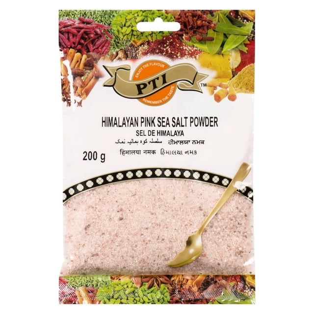 PTI Himalayan Pink Salt powder 200g in a clear pouch with a gold spoon, showing fine pink sea salt crystals and a white label with black text, surrounded by colorful spice illustrations, highlighting its natural mineral content and use as a gourmet seasoning.