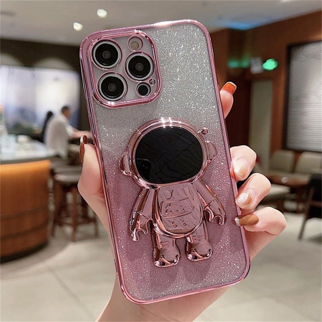 Étui de Téléphone Rose Pailletée Graduelle avec Support Astronaut Dessin Animé pour, iPhone14/14Plus/14Pro/14ProMax, iPhone13/13Mini/13ProMax, iPhone12/12Mini/12Pro/12ProMax, iPhone11/11Pro/11Pro Max, iPhoneX