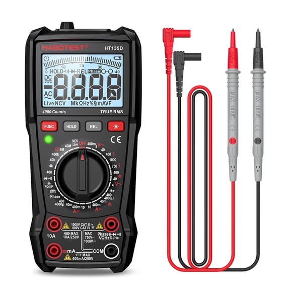HABOTEST HT135D Multifunctional Digital Multimeter LCD Color Display Handheld Multimeter 4000 True RMS Counts Professional Voltage Current Capacitance Resistance Frequency Battery Voltage Diode