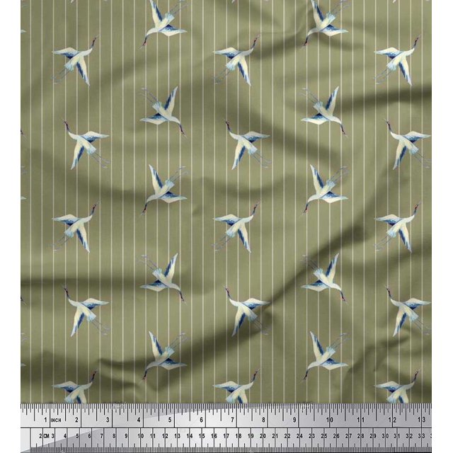 Soimoi Silk Fabric Stripe & Stork Bird Decor Fabric Printed Yard 42 Inch Wide