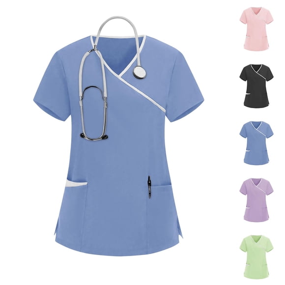 Aboser Short Sleeve Nursing Scrub Tops for Women Plus Size V Neck Uniform Shirts with Pockets Cozy Soft Nurse Work Blouse Solid Colour Scrubs Top Green S