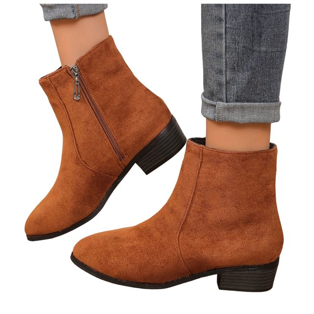 Bottes Mi-Mollet pour Femmes Chaussures d'Hiver Automne Mode Suède Uni Bout Pointu à Fermeture Éclair Talon Bas Bottines Courtes à la Cheville