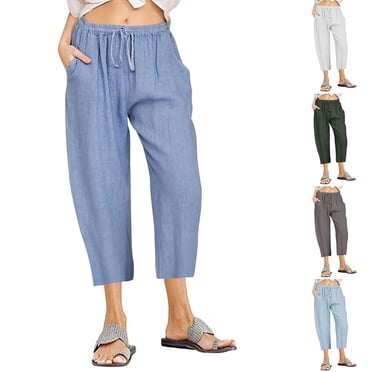 yoeyez Pantalon Capri pour Femmes Grande Taille, Pantalon Court à Cordon en Coton et Lin pour Femmes Taille Haute à Jambe Grand Pantalon Tendance Léger d'Été Capri Flash Vente du Jour Bleu Ciel, TG