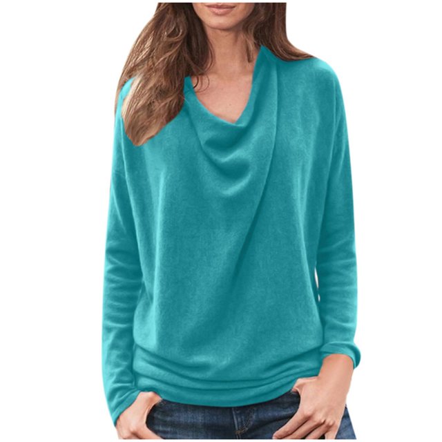 Pompotops T-Shirt Décontracté pour Femme à Col Rond Uni à Manches Longues Coupe Ample Chandail Haut Blouse