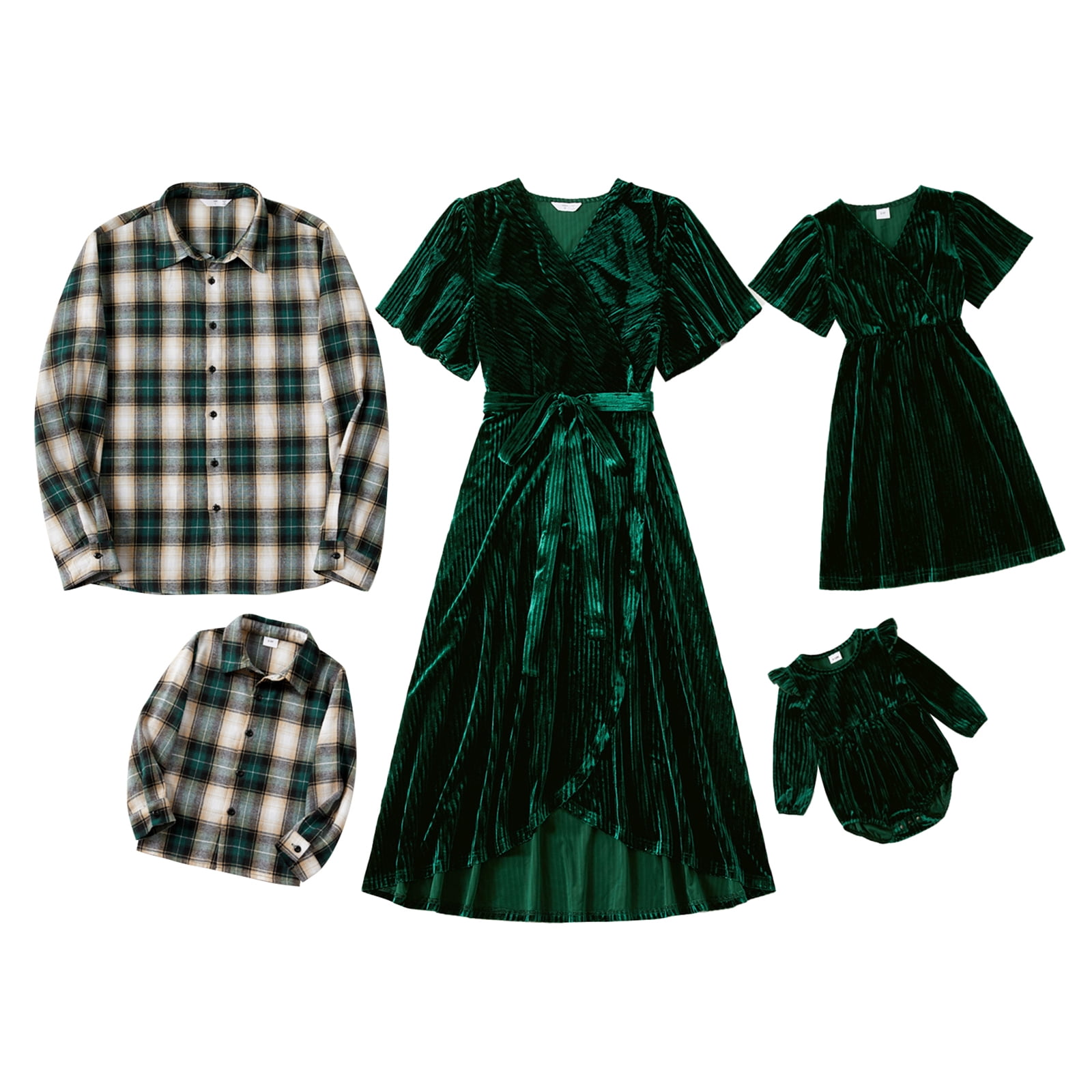PatPat Ensembles Assortis pour la Famille : Robes à Col à Revers en Velours Vert à Manches à Volants et Chemises à Carreaux