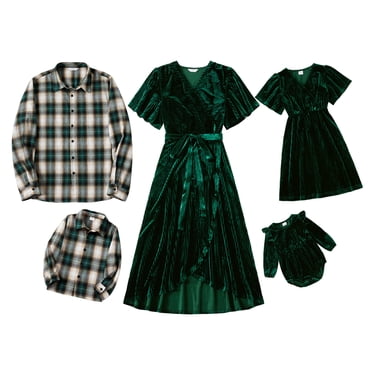 PatPat Ensembles Assortis pour la Famille : Robes à Col à Revers en Velours Vert à Manches à Volants et Chemises à Carreaux