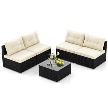 Patiojoy 5 Pieces Outdoor Patio Furniture Set Sectional PE Rattan Sofa Set with Cushions and Tempered Glass Coffee Table