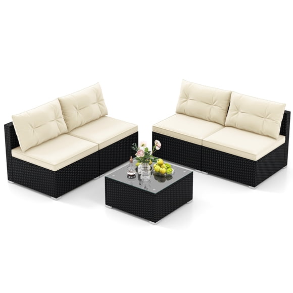 Patiojoy Ensemble de Mobilier de Patio Extérieur 5 Pcs Sectionnel en Rotin PE avec Coussins et Table Basse en Verre Trempé