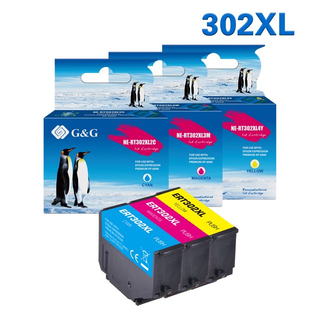 G&G 302XL T302XL Ink Cartridge 3-pack for Epson Expression XP-6000 and XP-6100 printers. Includes high-yield cyan, magenta, and yellow cartridges with a page yield of up to 650 pages at 5% coverage. The packaging features penguin imagery and product details.