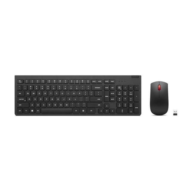 LENOVO KB MICE_BO EOS3 2.4G km BLK US, un Combo Sans Fil Essentiel LENOVO Gen 2 Clavier et Souris en Noir. le Clavier QWERTY Présente une Disposition Mince à 2.5 Zones avec Touches Réactives et Silencieuses, et la Souris de Taille Standard Comprend une Roue de Défilement Rouge. les Deux Appareils Se Connectent via un Récepteur USB 2.4GHz pour une performance Sans Fil Fiable. Fabriqué avec 65 % de Plastique Recyclé Post-Consommation, Cet Ensemble Est Conçu pour la Durabilité et la Productivité