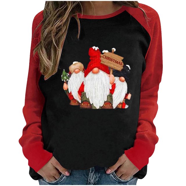 RKSTN Chandail pour Femmes de Noël à Col Rond, Chandail Imprimé du Père Noël, Manches Longues, Blouse Régulière à Empiècements