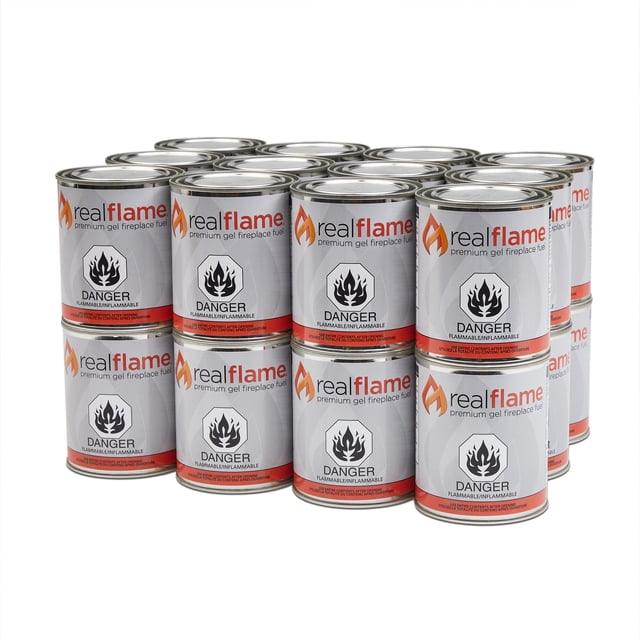 24-Pack Real Flame Indoor/Outdoor Gel Fuel cans stacked in three rows, each 13 oz can labeled with the Real Flame logo and a 'Danger Flammable' warning, designed for clean-burning gel fuel lasting up to three hours, ideal for camping stove fuels and indoor or outdoor fireplaces.