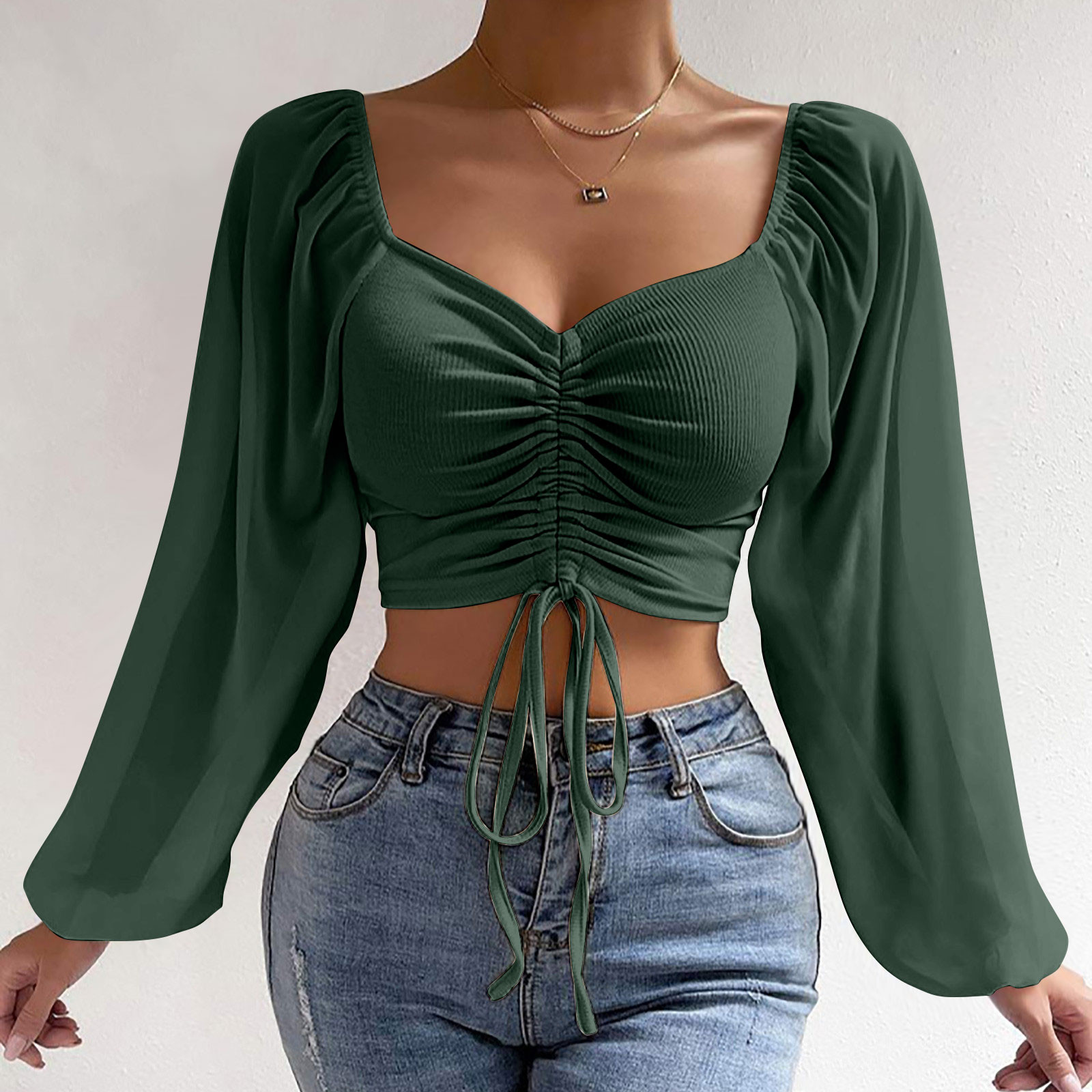 ShomPort Crop Tops for Womens Boat Neck Lantern Sleeve Ruched T