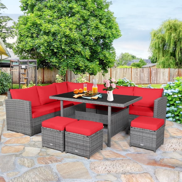 Patiojoy 7-Piece Wicker Patio Furniture Set Outdoor Rattan Sofa Set Conversation Couch Set Red